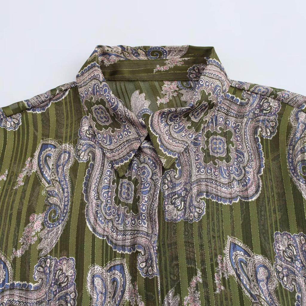 2025 Spring Women's Metallic Thread Turn-Down Collar Printed Shirt