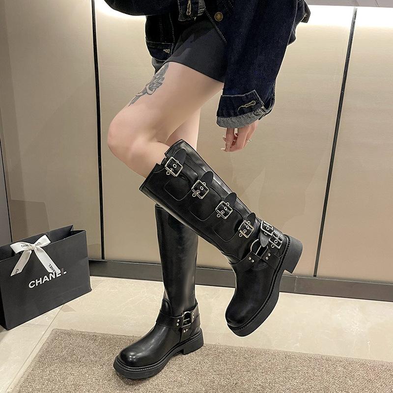 

Кожаные ковбойские сапоги в западном стиле женские сапоги 2025 новые коричневые с пряжкой модные сапоги рыцарские сапоги 39 чёрный