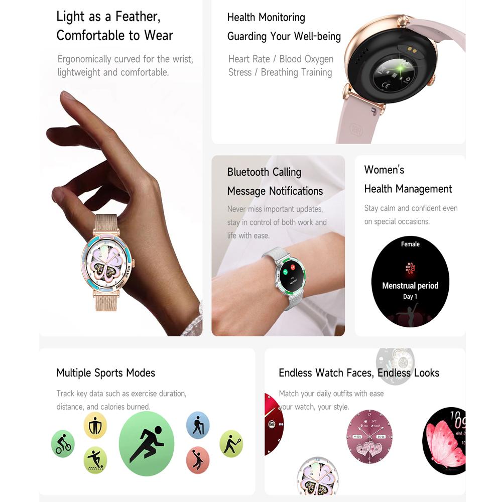 New Fashion Women Smart Watch 360*360 HD Screen Sports Bracelet Custom Dial Heart Rate Voice Call Smartwatch for Android IOS