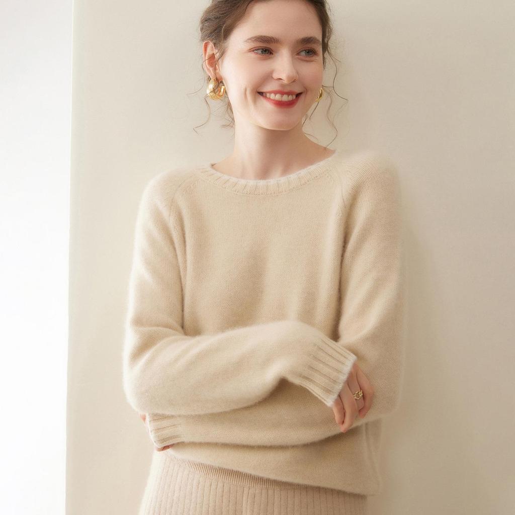 Women's Cashmere Raglan Sleeve Sweater - Round Neck, Autumn/Winter Fashion