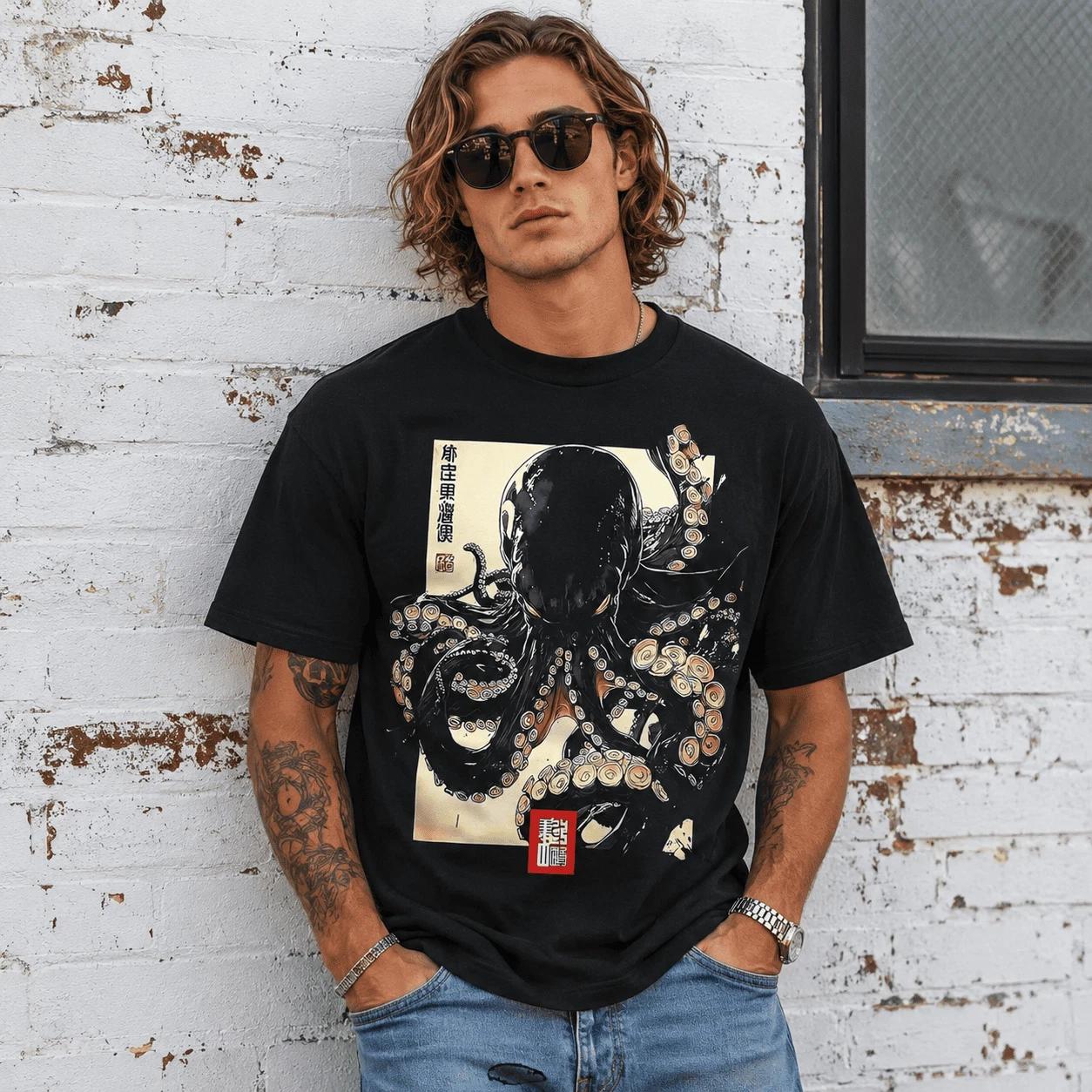 Japanese Octopus T Shirt Dark Art Print Graphic Streetwear Casual Tee Top S