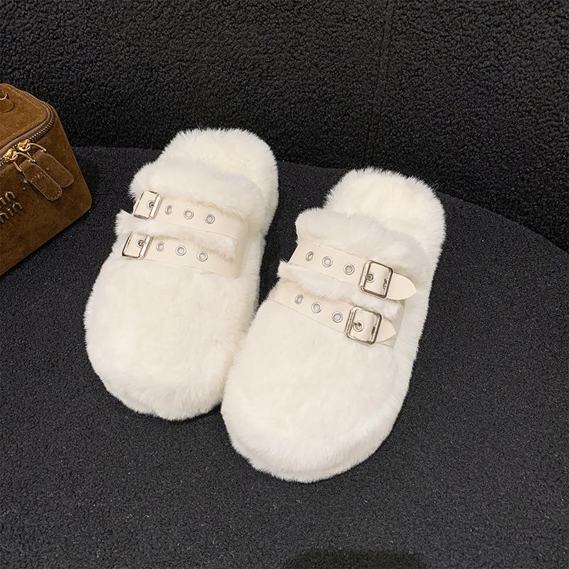 Baotou Thick-soled Fluffy Slippers Women's Autumn and Winter 2025 New Fashion Outer Wear Belt Buckle Fleece Thermal Cotton Slippers