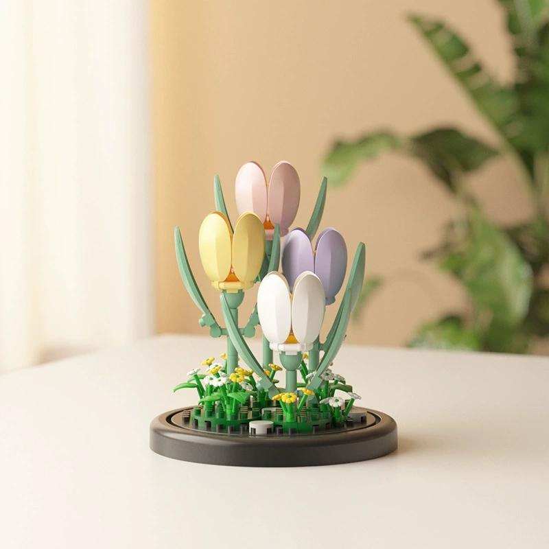 DIY MOC Flower Arrangement Dust Cover Tulip Rose Sunflower Plants Succulents Gardens Building Blocks Model Kids Sets Kits Toys