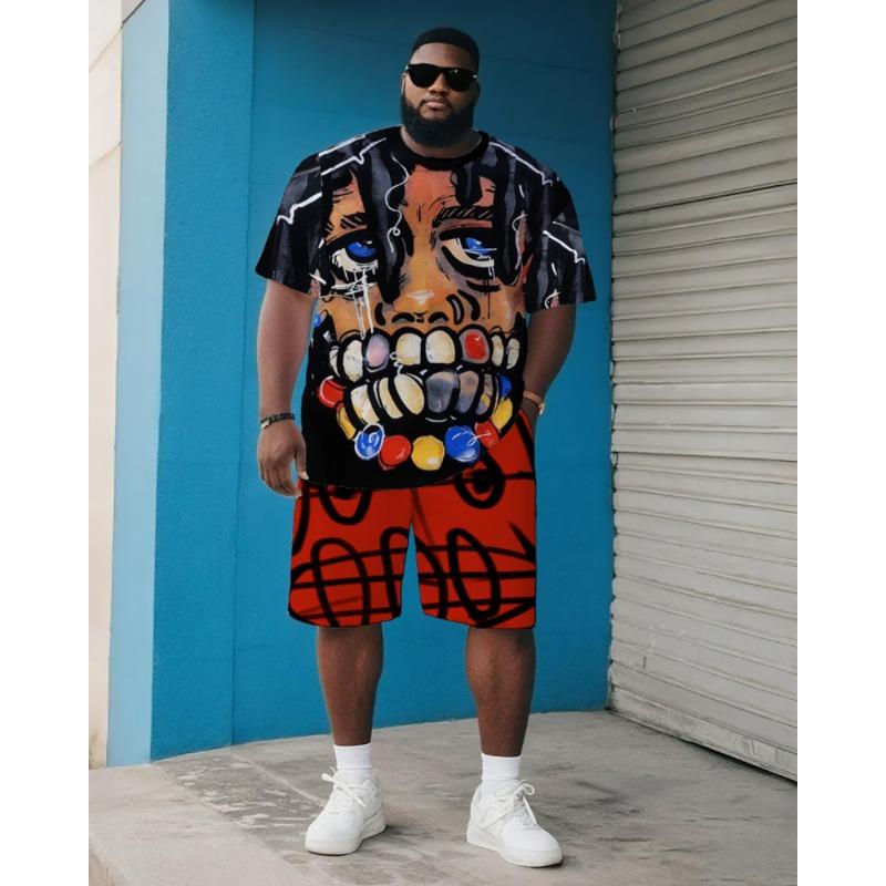 Conjunto Informal de Verano para Hombre Tallas Grandes - Camiseta de Manga Corta con Estampado Integral de Leyendas del Hip-Hop y Pantalones Cortos