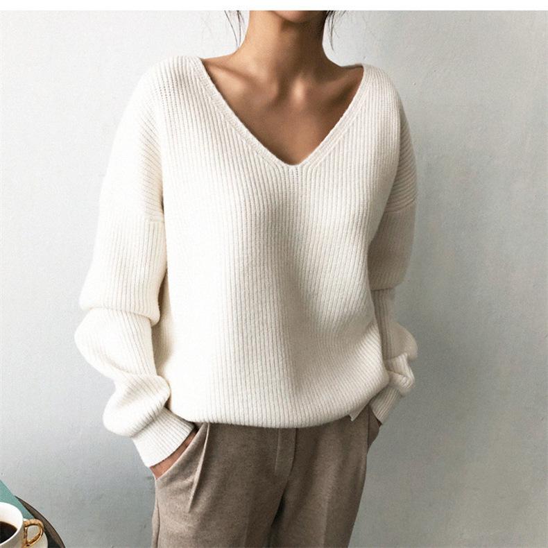 Harajuku Solid Irregular V-neck Soft Sweater Autumn Winter Casual Oversized Knitted Sweaters Tops for Women Bottoming Pullover