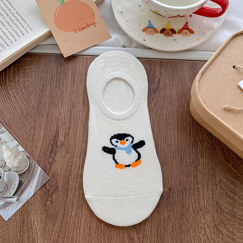 Spring and Summer Thin Socks, Female Cartoon Cute Little Animal Shallow Mouth Boat Socks, Silicone Anti-slip Invisible White Socks