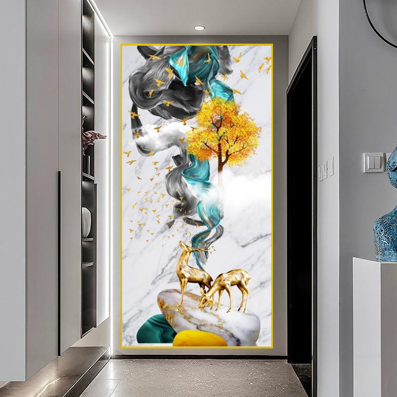 New Chinese Golden Deer Rich Tree Canvas Painting Wall Art Luxury Gold Flowers Posters Prints for Corridor Interior Decor Quadro
