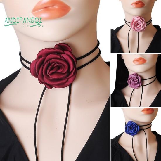Collier Ras-de-cou Fleur Rose Noir Femme - 120 Cm, Fleur 6x6 Cm, Ajustable, Pour Fête, Mariage Ou Quotidien