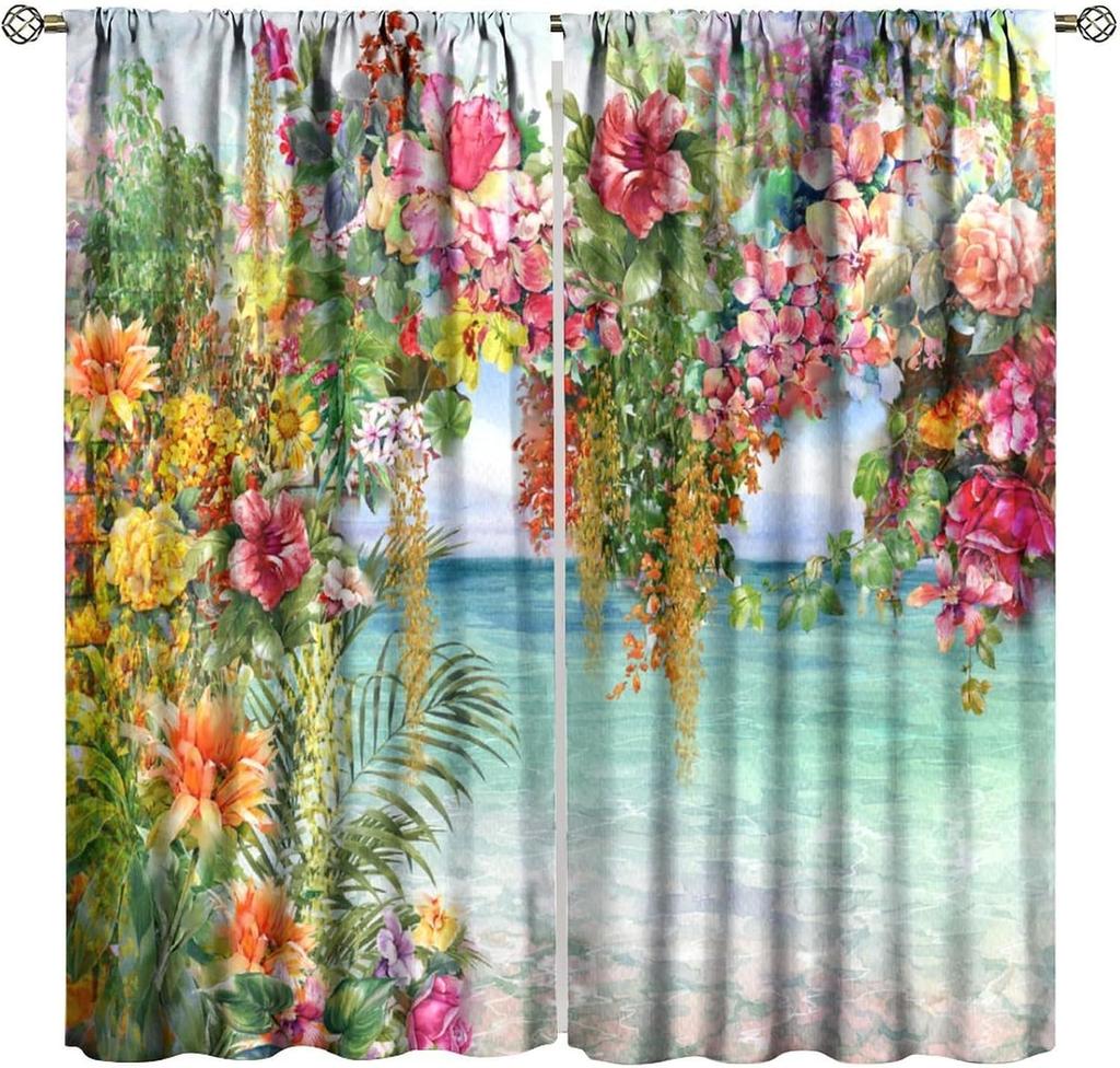 Floral Curta,Farmhouse Colorful Watercolor Wildflower Spring Flower Plant Botanical Pattern Decor Print Window Drapes For