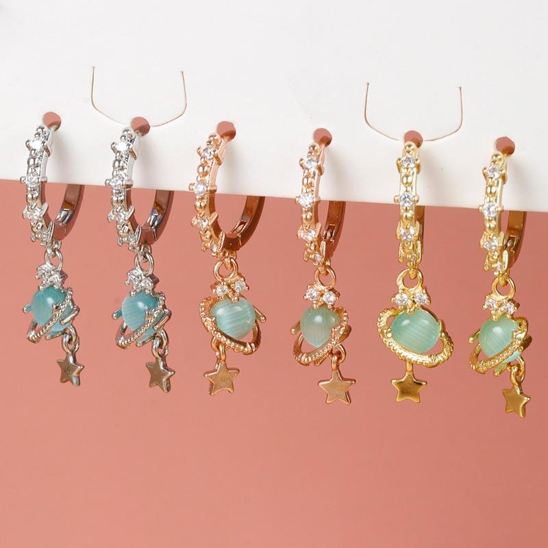 New Vintage Cute Circle Star Earrings Exquisite Blue Planet Zircon Hoop Earring For Women Girls Fashion Jewelry Gifts