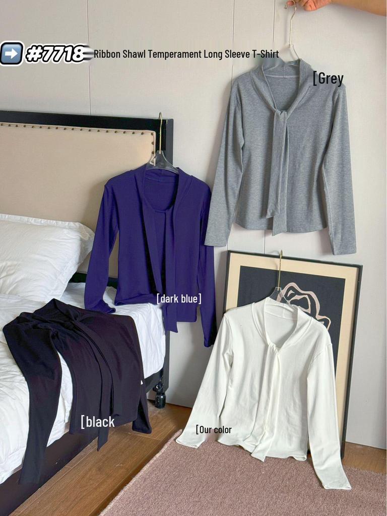 Women's Urban Style V-Neck Long Sleeve Slimming Shirt with Shawl Decoration for Early Autumn