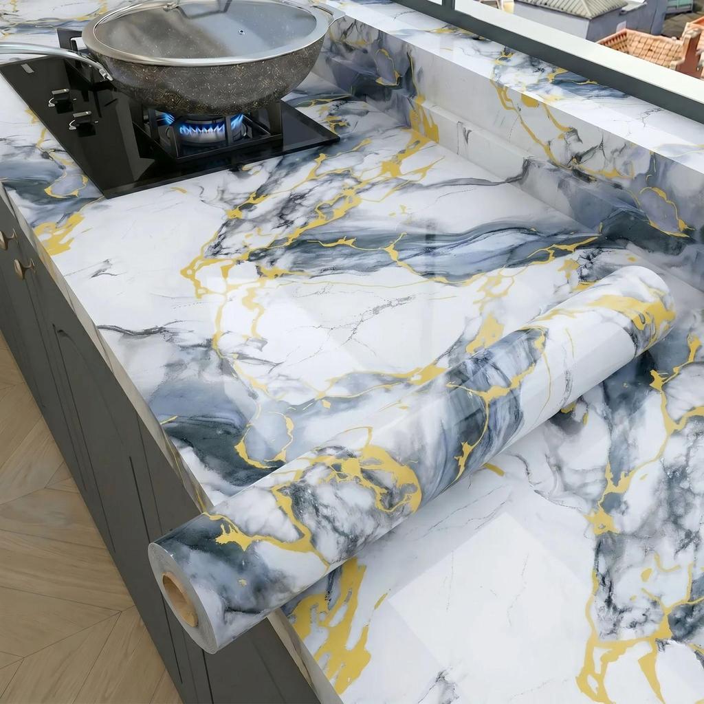 Enhanced Marble-Style Self-Adhesive Kitchen Sticker: Oil-Proof, Waterproof, High-Temperature Resistant Counter and Wall Covering.