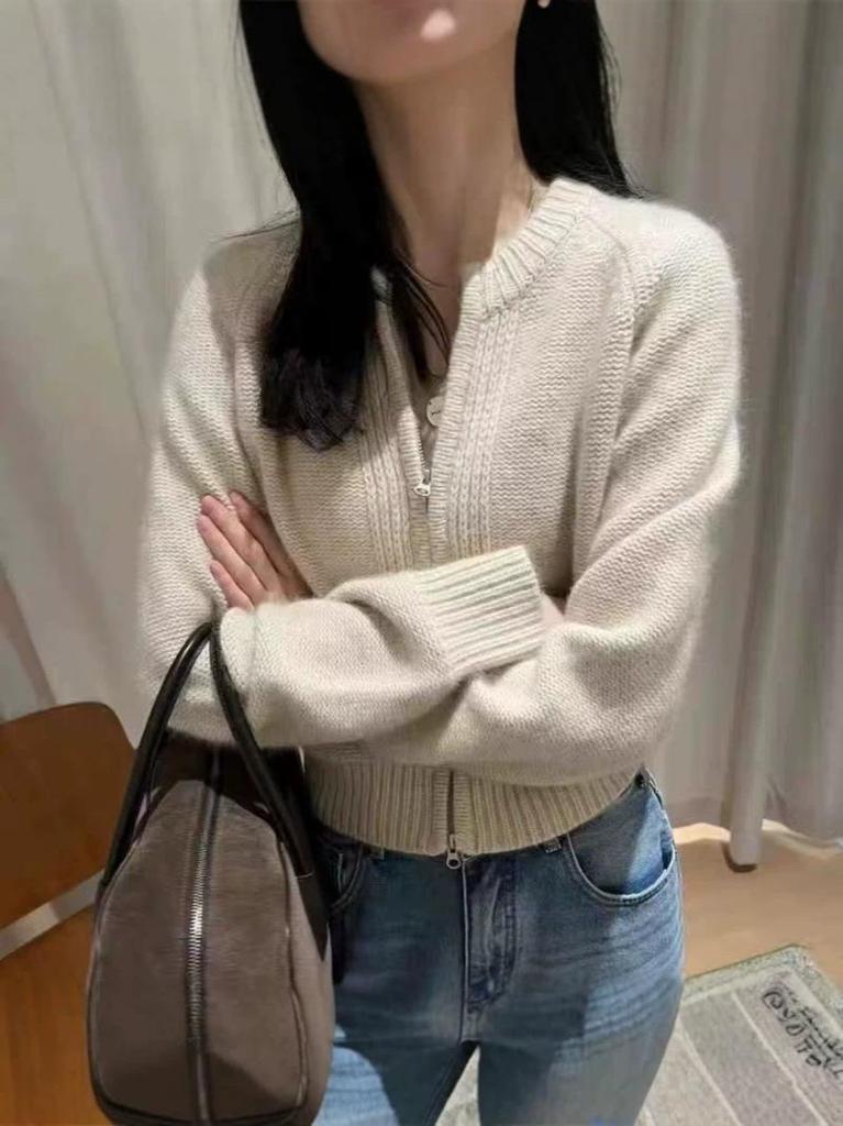 Women's Stylish Short Wool Knit Cardigan, Round Neck, Autumn Winter Cashmere Sweater Coat with Double Zipper.