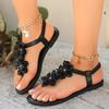European and American elegant flower toe flat sandals vacation style elastic band large size beach cool slippers