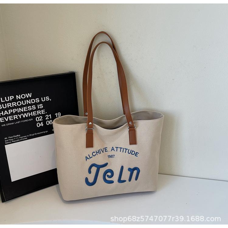 

Canvas bag, Korean alphabet embroidery tote bag, student class commute, large-capacity shoulder bag, literary shopping bag хакі