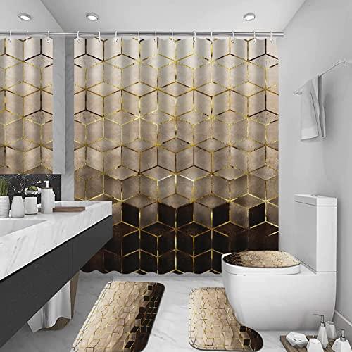 Vikama Marron Ensemble de Rideaux de Douche Moderne Géométrique Doré Lignes Cubiques Texture Artistique Décor de Salle de Bain Avec Crochets