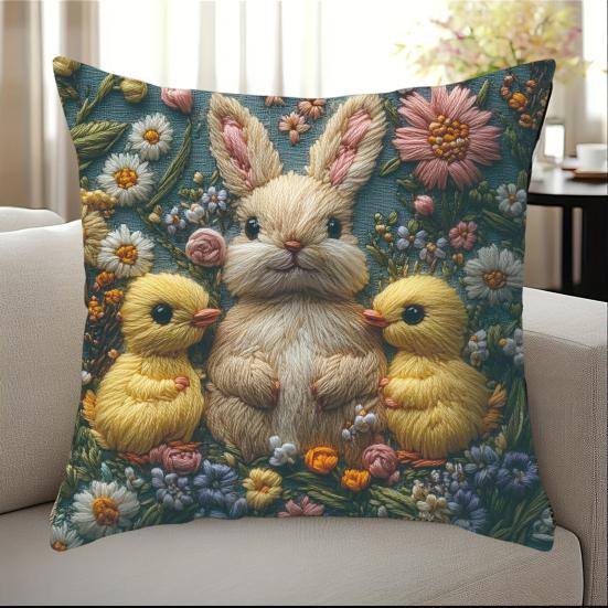 Easter Bunny Pillowcase Imitation Embroidery Lamb And Chick Print Pillowcase Farmhouse Throw Pillow Cover for Parties Living Room Couch Sofa Decor