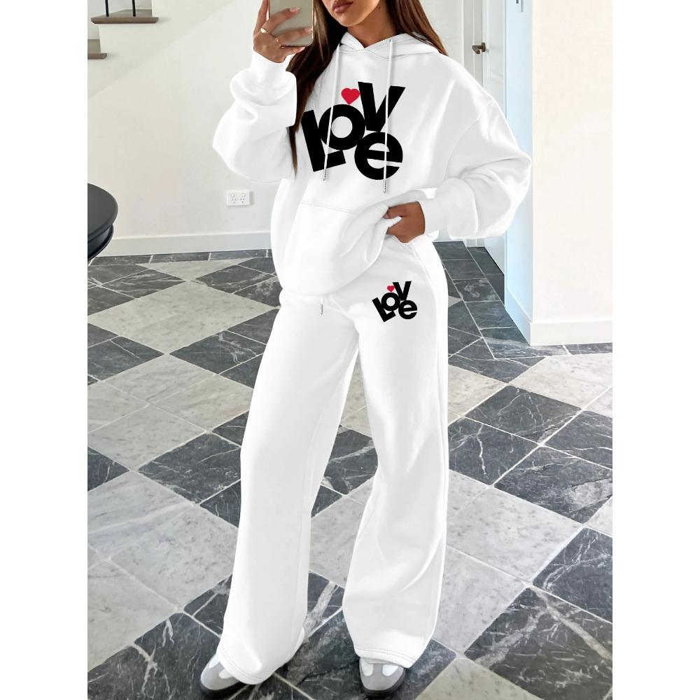 Vintage Pattern Printed Two Piece Hoodie and Wide Leg Pants Set Women's Trendy Set Daily Versatile