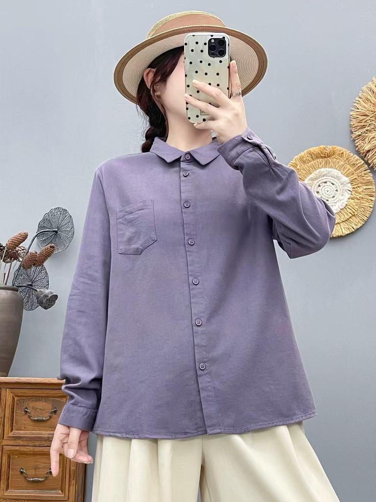 Solid Color Pure Cotton Long Sleeve Unisex Women's Shirt - Japanese Casual Style 