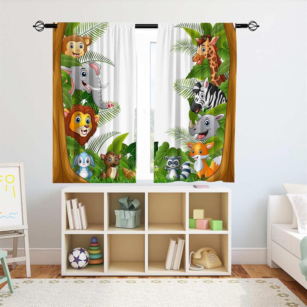 Animal Curtains Rod Pocket Kids Boys Girls Forest Giraffe Lion Elephant Monkey Zebra Rhinoceros Jungle Zoo Print Pattern Window