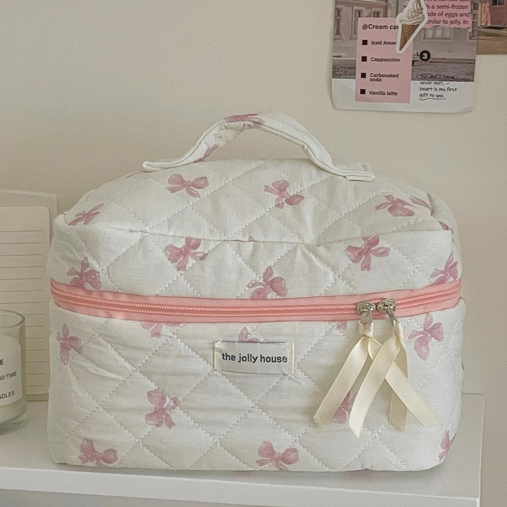 Vintage Floral Satin Makeup Bag With Bow Embellishment For Daily Use And Travel Comfort