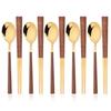 Gold 10Pcs Korean Style Portable Flatware Cutlery Set Imitation Wooden Spoon Chopstick Set Outdoor Travel Camping Tableware Set