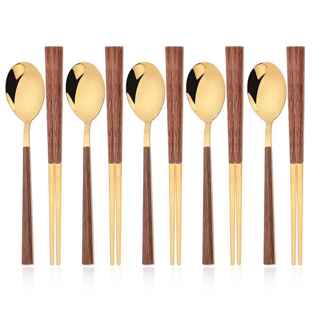 Gold 10Pcs Korean Style Portable Flatware Cutlery Set Imitation Wooden Spoon Chopstick Set Outdoor Travel Camping Tableware Set