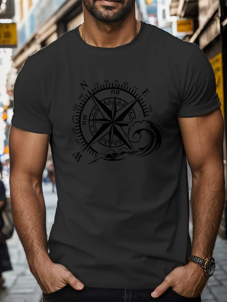 Mens Compass Graphic Tee Casual Short Sleeve TShirt Breathable Polyester Summer Fashion Top