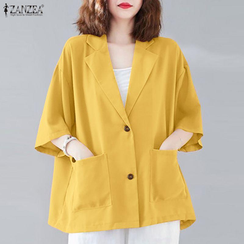 ZANZEA Women Summer Turn Down Collar Loose 3/4 Sleeve Cardigan Blouse