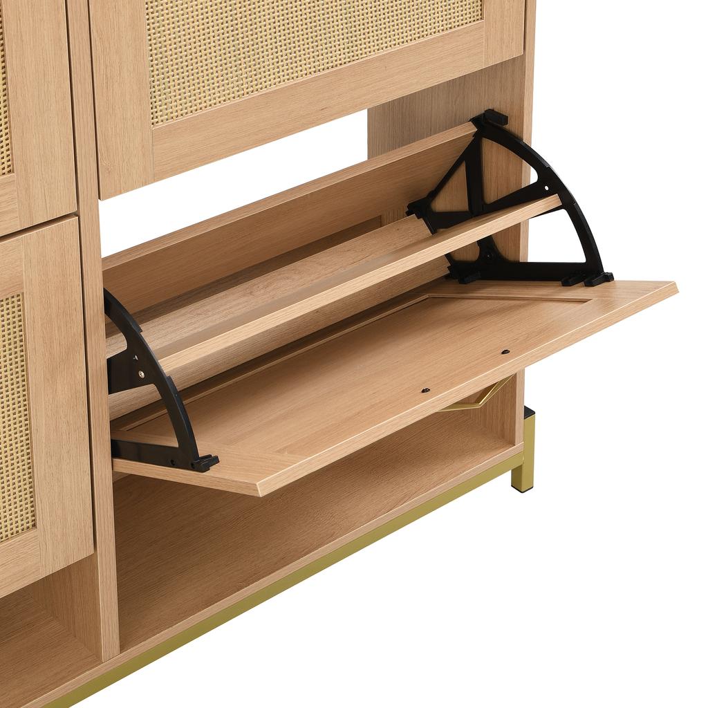 Elegant Wooden Shoe Cabinet with Rattan Doors – 4 Doors, Metal Frame and Top Shelf for Stylish and Organized Storage.