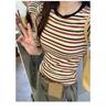 Women's American Retro Color Block Striped T-Shirt - 2025 Korean Style, Versatile Slim Fit, Round Neck