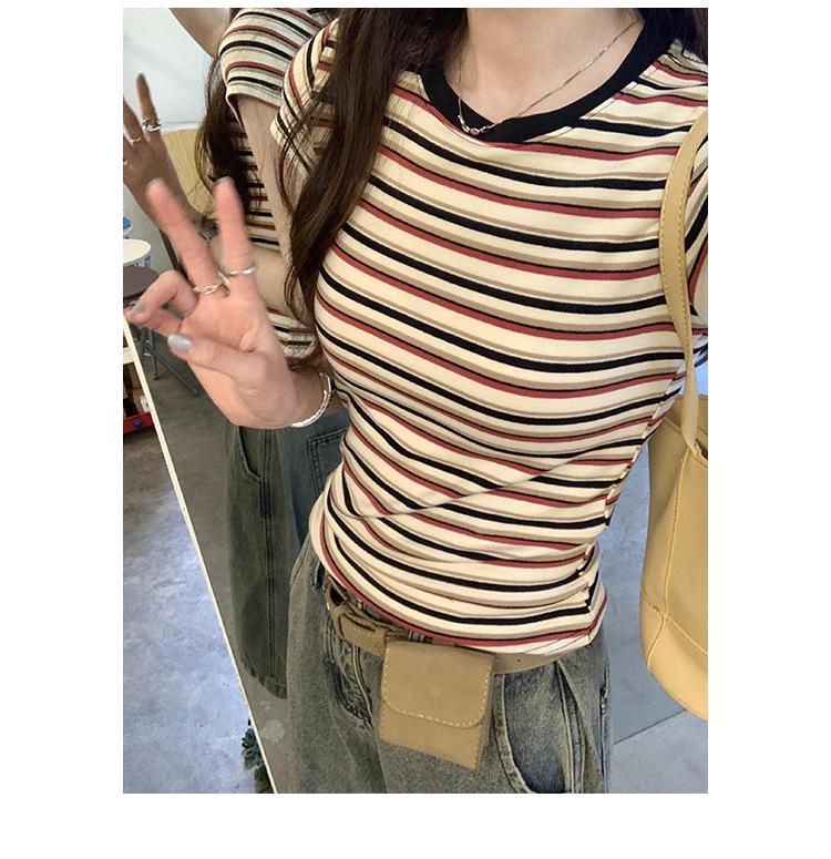 Women's American Retro Color Block Striped T-Shirt - 2025 Korean Style, Versatile Slim Fit, Round Neck