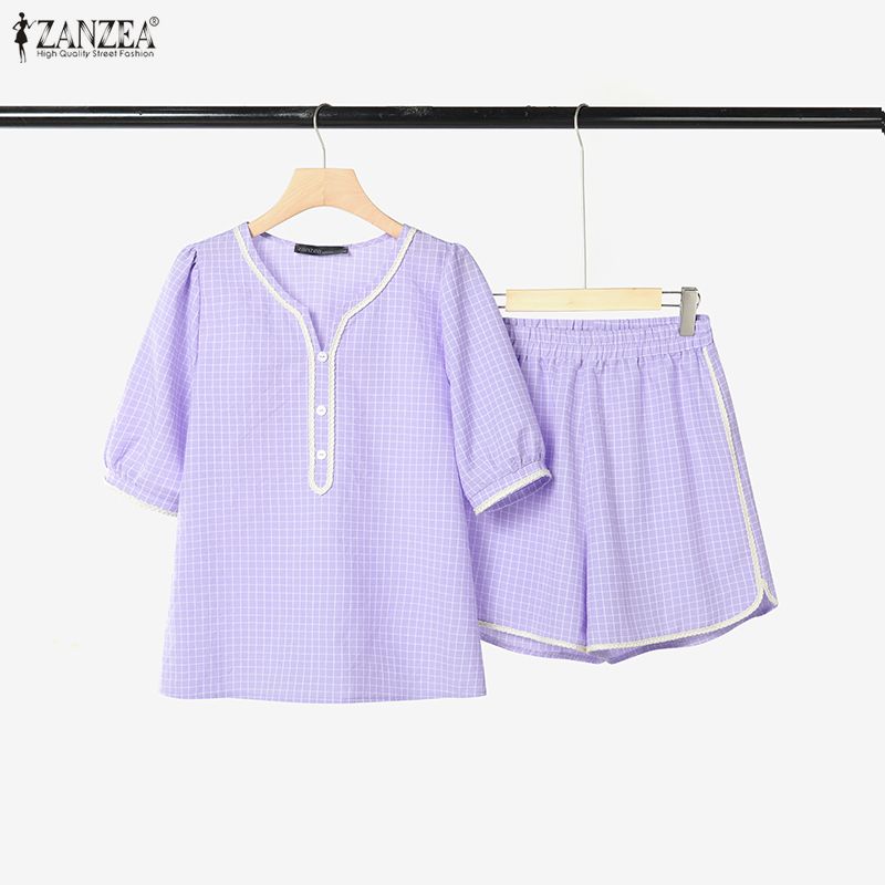 ZANZEA Women Short Sleeve Blouse and Shorts Summer Plaid Print Two Piece Suit Sets