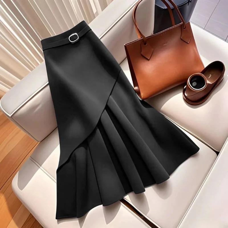 Women's Midi Skirt High Waist Asymmetric Pleated Fishtail Hem