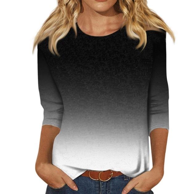 2026 Spring/Summer New Women's Fashion Printed Three-Quarter Sleeve Loose Round Neck Casual T-Shirt Top