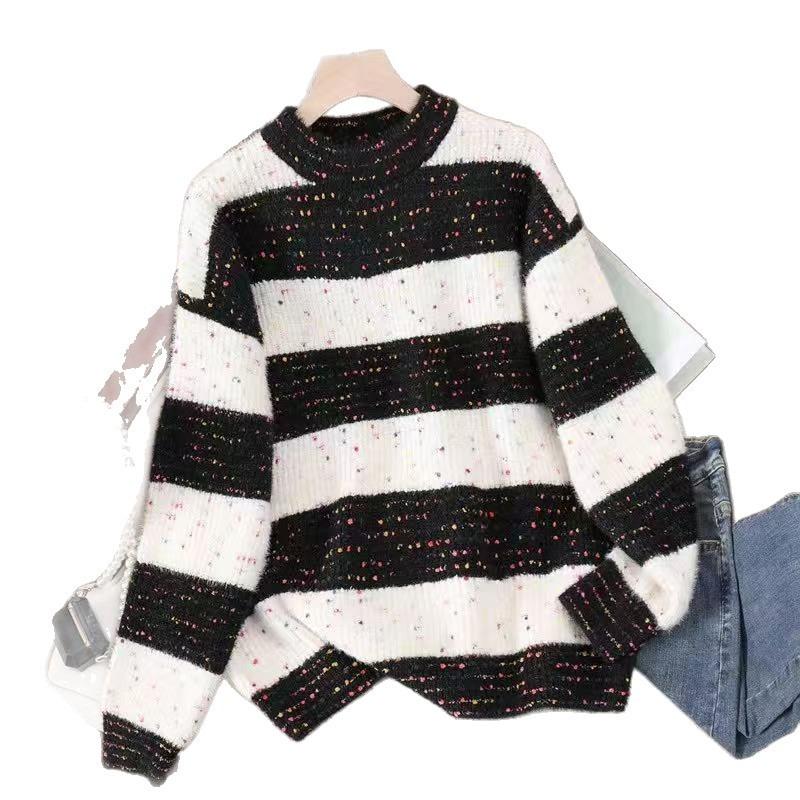 New special yarn half-height round neck loose thickened warm color matching horizontal strip with knitted top sweater women