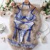 Dnika Womens Sexy Halter Lingerie Set 4-Piece Embroidery Sheer Mesh Bra Panty