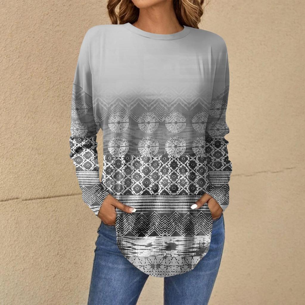 Women's Fashion Loose Round Neck  Printed Long Sleeve T-Shirt Pullover Top