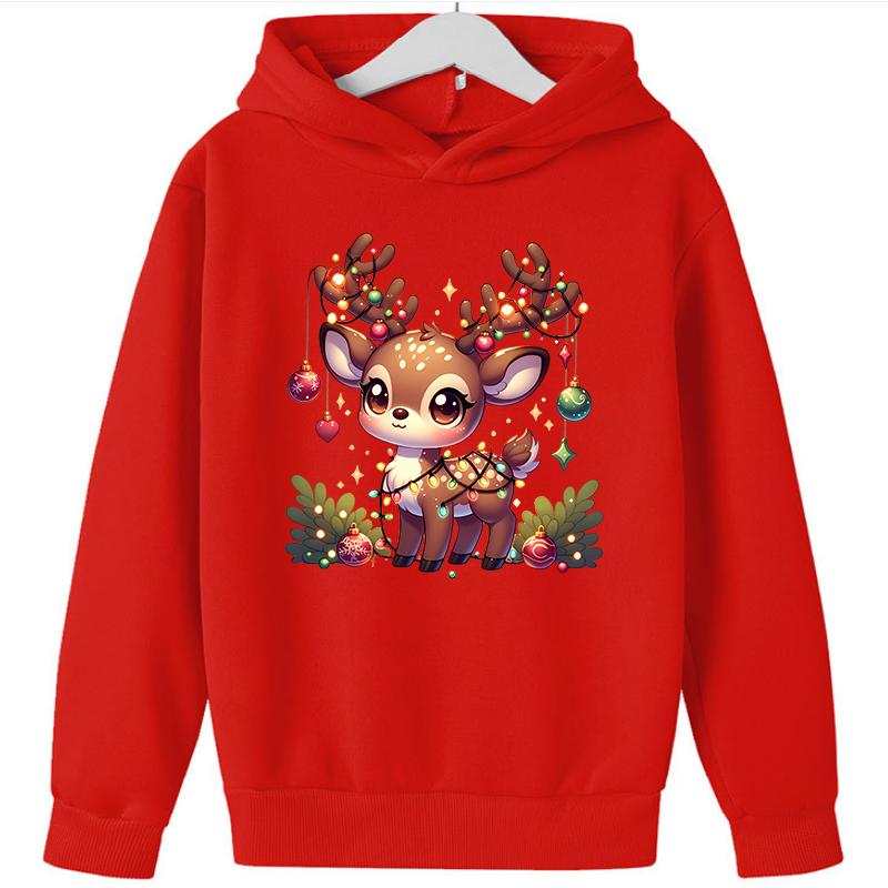 2025 Popular Christmas Casual Round Neck Reindeer Print Children's Hoodie, Long Sleeved Girls' Sportswear, Comfortable and Versatile Top