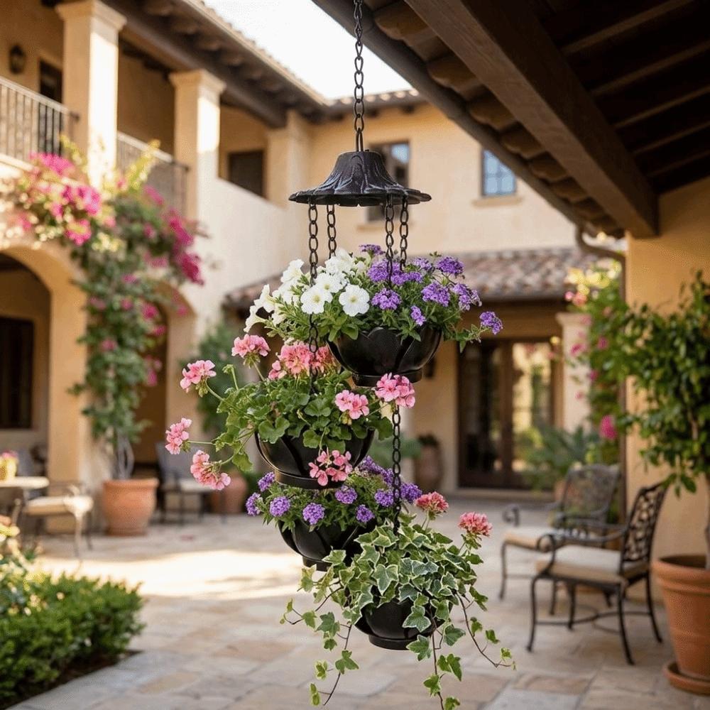 Weather-Resistant Lotus Shaped Hanging Planter Iron Multi-Tier Flower Pots Eave Rain Chain Balcony