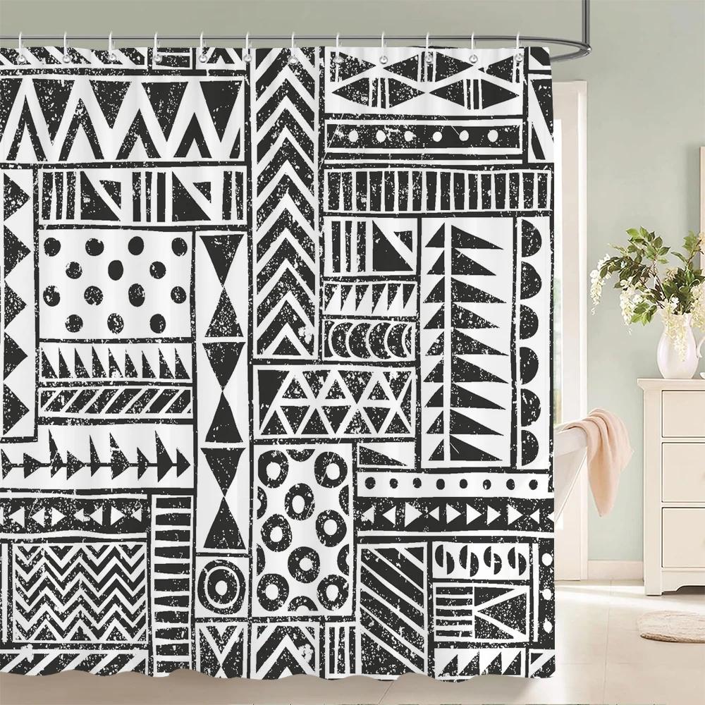 1 Pc Black White Geometric Print Polyester Shower Curtain Waterproof Fabric Partition Bathroom Curtain ,Decoration Bath Curtain