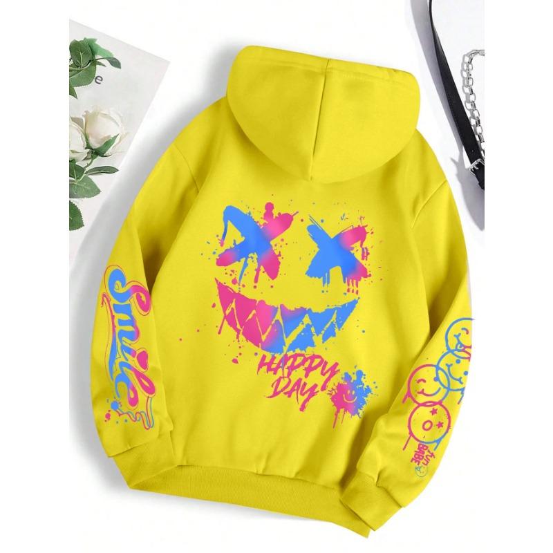 Nuova felpa con cappuccio da uomo autunnale, personalizzata con stampa di faccina sorridente, comoda, traspirante, per esterni, street style, felpa con cappuccio