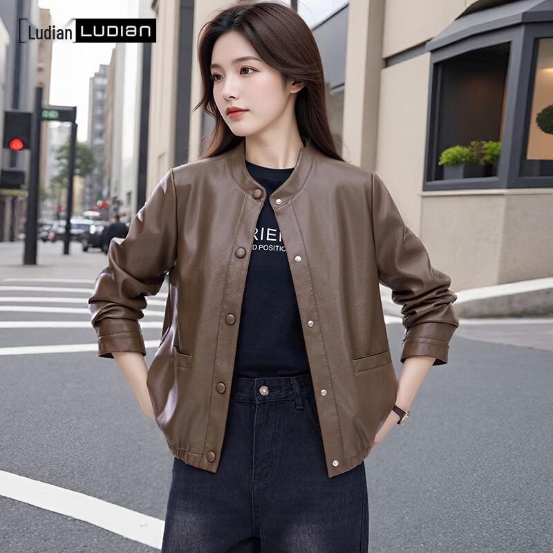 Women's Vintage Round Neck PU Leather Jacket