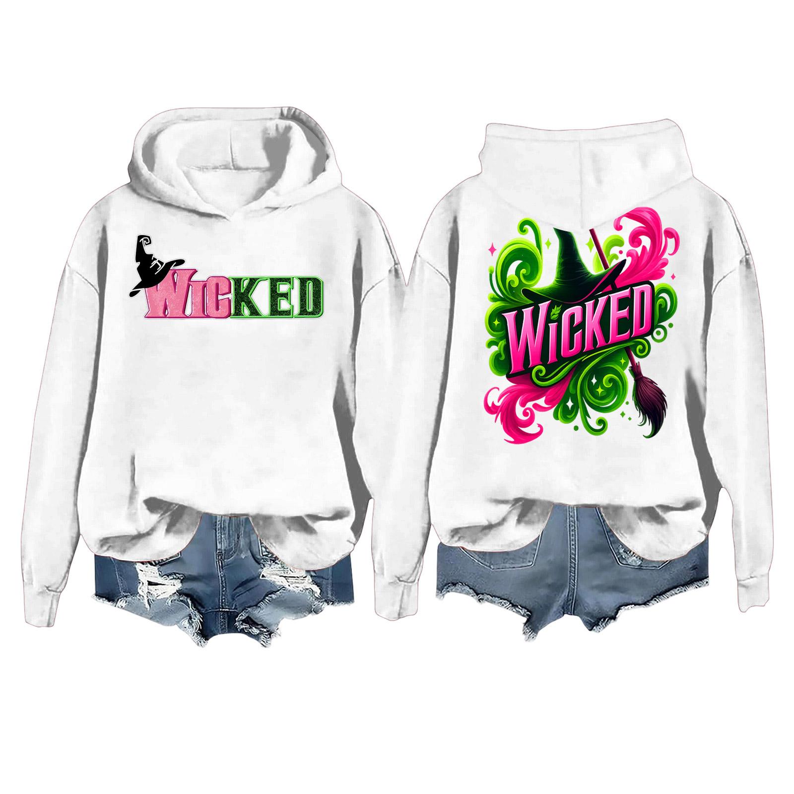 

Women s Casual Long Sleeve Pullover Witch Print Hooded Sweatshirt M білий
