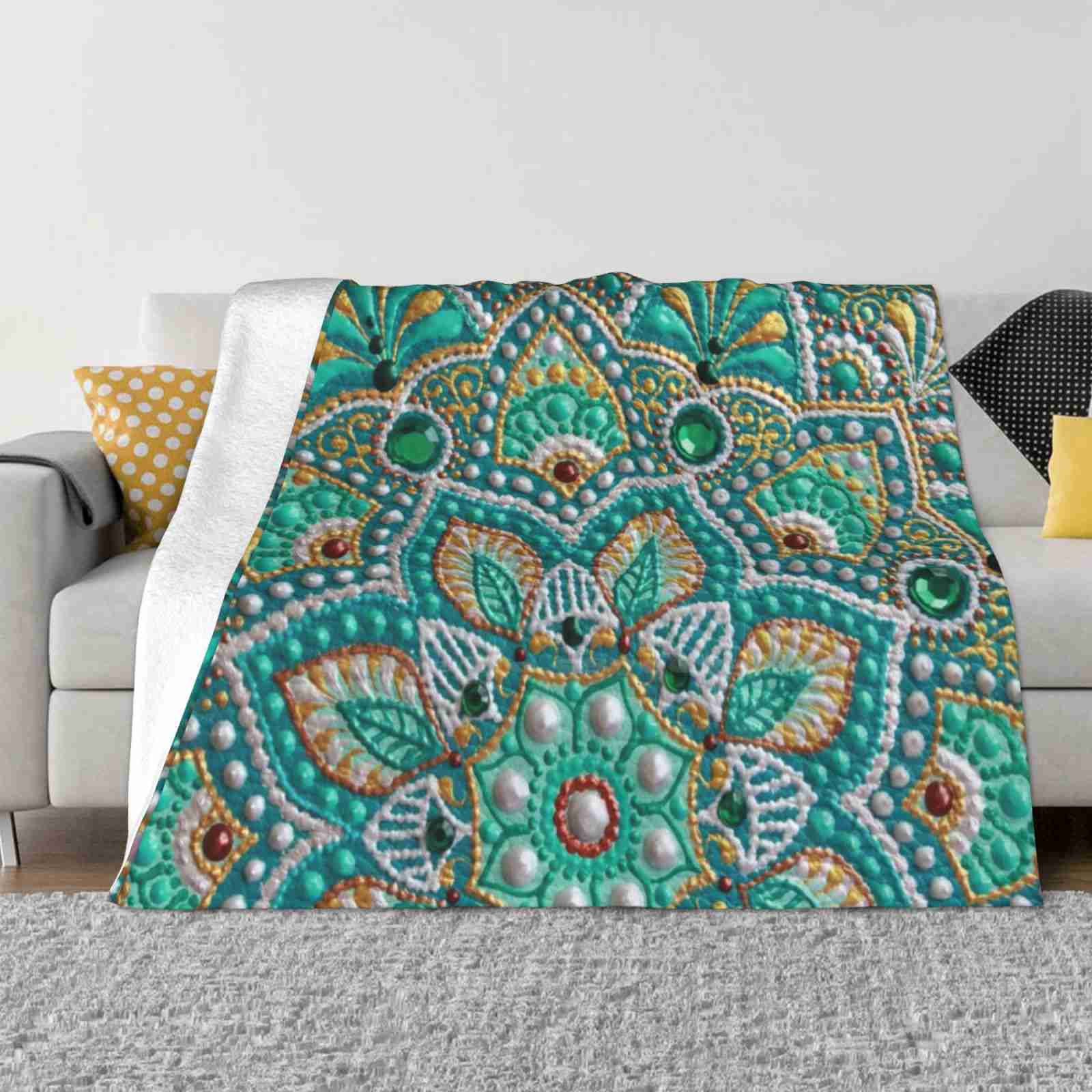 Mint And Gold Flower Mandala , Boho Dot Artwork Blanket Soft Warm Travel Portable Blanket Mint Mandala Flower Mandala Boho 30x40in