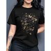 European Size Women'S Black T-Shirt with Golden Roses&Butterflies-Stretchy Crew Neck Top, Spring Fashion, Elegant Design, Comfortable Summer Outfit