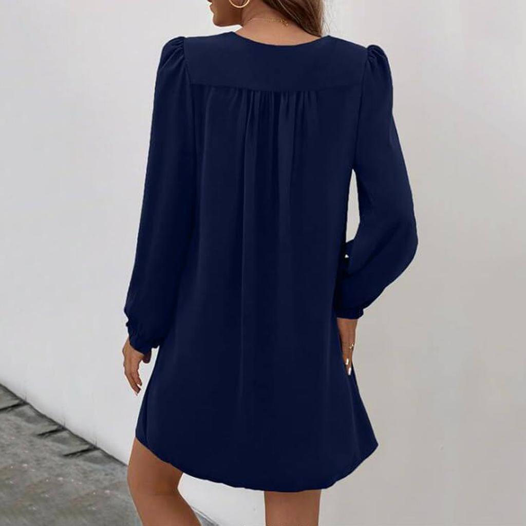 Camisa-Vestido Casual de Moda para Mujer con Volantes de Manga Larga y Cuello en V Plisada Fluida Suelta - -color