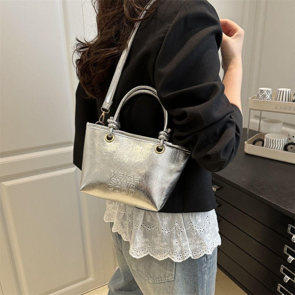 Crossbody Bag Small Basket Bag Tote Bag Women's Shoulder Bag Fashionable Silver  PU Bag  Women