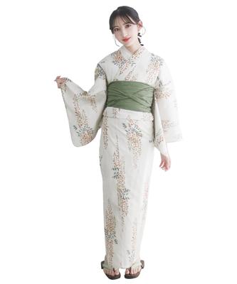 Yukata cu țesătură variegată și mărime talie F Auriu Mărime Unică Potrivită [KYOETSU] Set pentru Femei 6 Piese, Alb-Off, (Yukata, Obi, Lenjerie intimă, Geta, Șnur) (3.