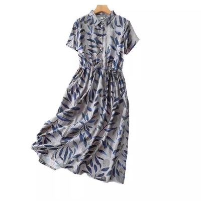 2025 Summer New Cotton and Linen Printed Shirt Skirt Retro POLO Collar Short Sleeve Medium and Long Dress Women